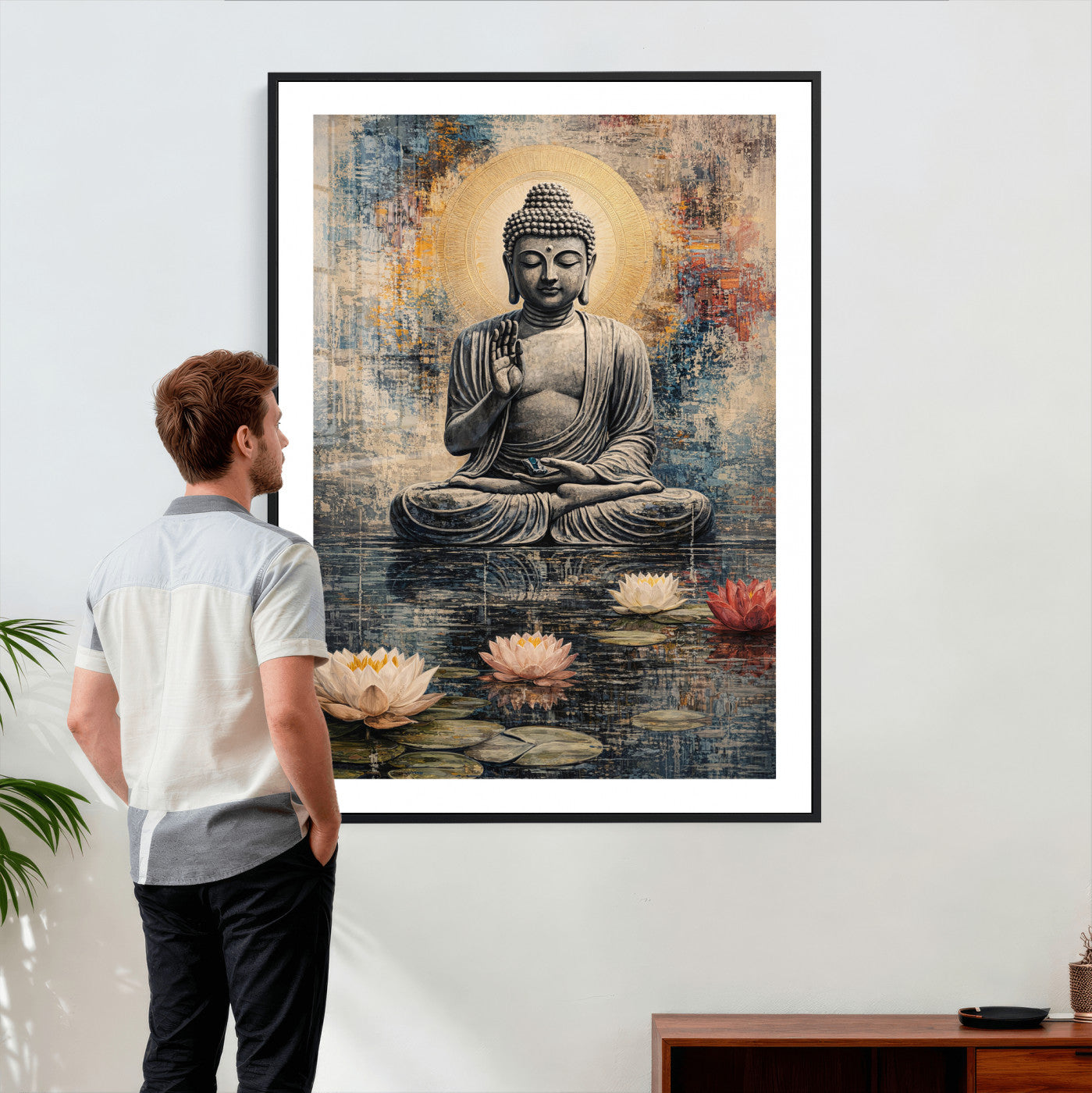 3812625445543-MGV-CV-24X36 - Serene Buddha with Lotus Flowers | Tranquil Meditation Art | Zen Wall Decor for Mindful Living Spaces | Spiritual Canvas Print