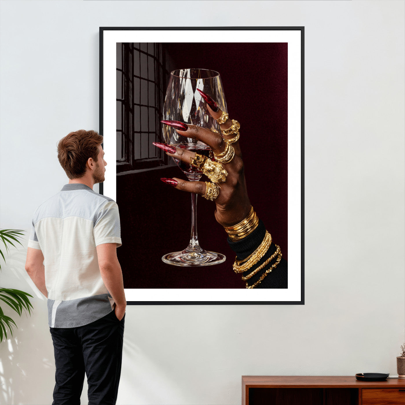 8151788Y6-MGV-CV-24X36 - Black Woman Holding Elegant Wine Glass Art, Black Girl Art, Black Woman Art, Trendy Black Girl Wall Art