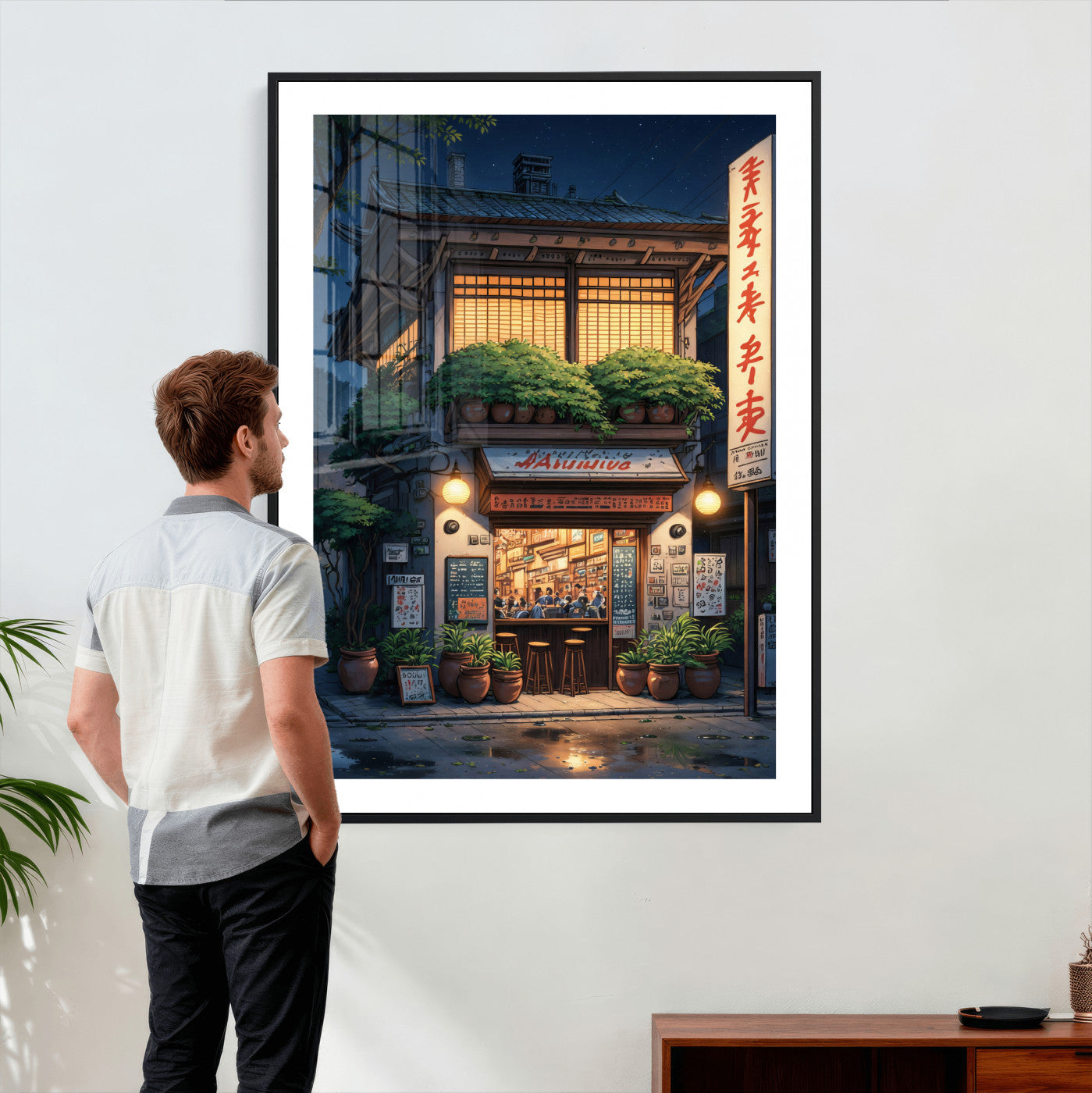 4712069TE1-MGV-CV-24X36 - Evening at the Ramen Shop Canvas Wall Art — Japan Night Anime Print | Japanese Restaurant Decor | Lofi Wall Art | Ramen Lover Gift