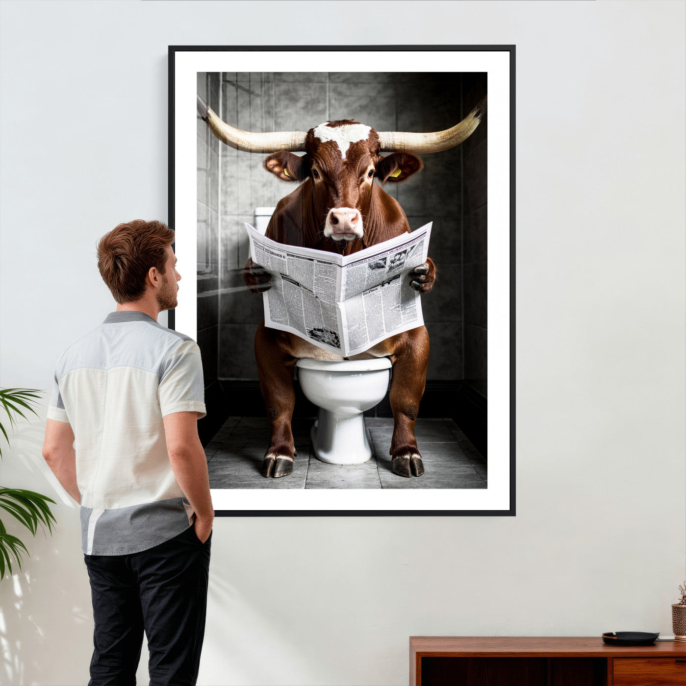 69808726-MGV-CV-24X36 - Texas Longhorn Cow Toilet Paper Canvas Wall Art, Funny Bathroom Black White Print, Cute Animal Humor Decor, Quirky Farmhouse Bathroom Art, Cow Lover Gift