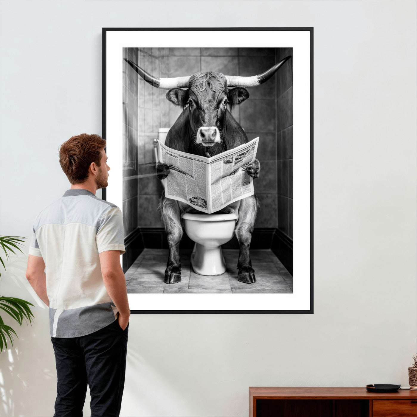 77994492-MGV-CV-24X36 - Texas Longhorn Cow Toilet Paper Canvas Wall Art, Funny Bathroom Black White Print, Cute Animal Humor Decor, Quirky Farmhouse Bathroom Art, Cow Lover Gift