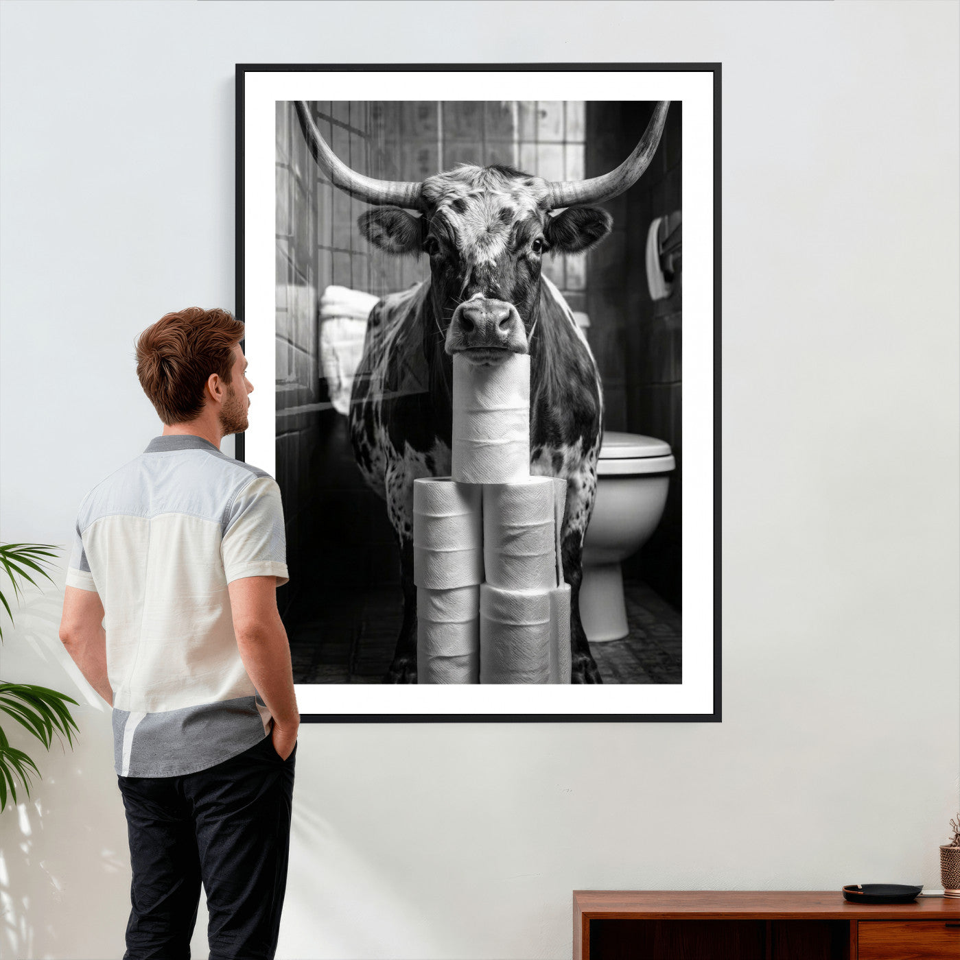 79259956-MGV-CV-24X36 - Texas Longhorn Cow Toilet Paper Canvas Wall Art, Funny Bathroom Black White Print, Cute Animal Humor Decor, Quirky Farmhouse Bathroom Art, Cow Lover Gift