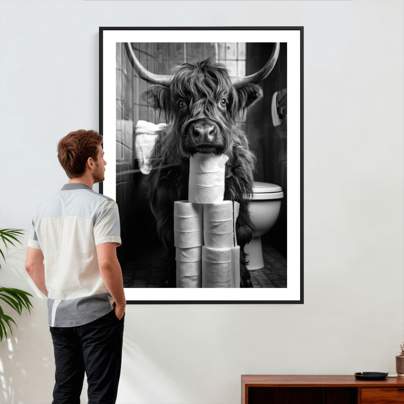 95909209-MGV-CV-24X36 - Highland Cow Toilet Paper Canvas Wall Art, Funny Bathroom Black White Print, Cute Animal Humor Decor, Quirky Farmhouse Bathroom Art, Cow Lover Gift