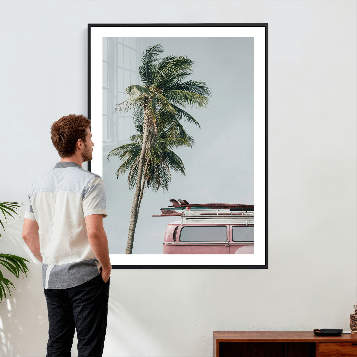 73117797-MGV-CV-24X36 - VW Van Palm Tree Canvas Wall Art, Pink Camper Surfboards Beach Print, Retro Surf Photography Decor, Coastal Boho Wall Art, Surfer Gift Idea