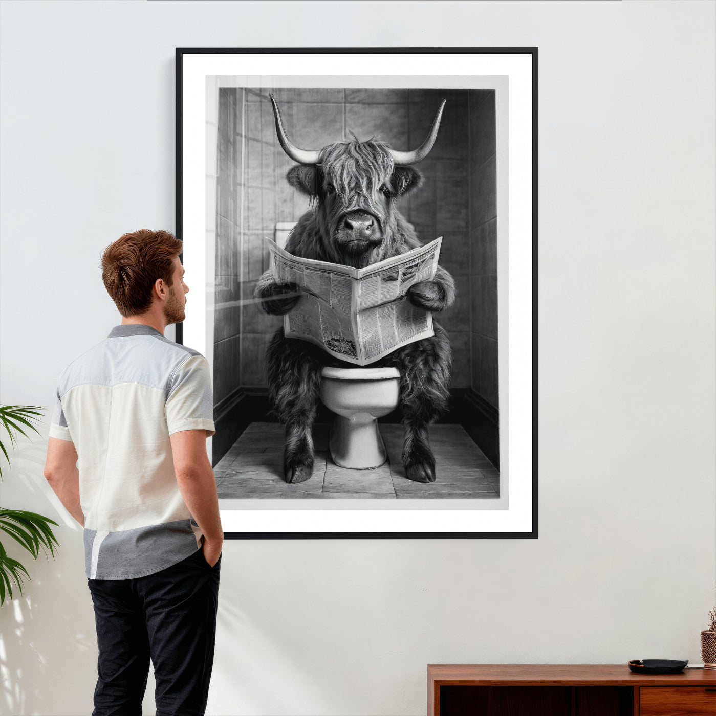 56930218-MGV-CV-24X36 - Funny Bathroom Canvas Wall Art, Texas Longhorn on Toilet Reading Newspaper, Humor Animal Print, Farmhouse Bathroom Decor, Quirky Cow Gift, Toilet Room Art