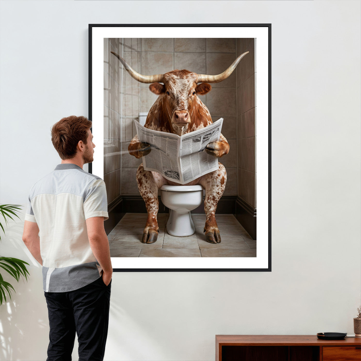 17728527-MGV-CV-24X36 - Funny Bathroom Canvas Wall Art, Texas Longhorn on Toilet Reading Newspaper, Humor Animal Print, Farmhouse Bathroom Decor, Quirky Cow Gift, Toilet Room Art