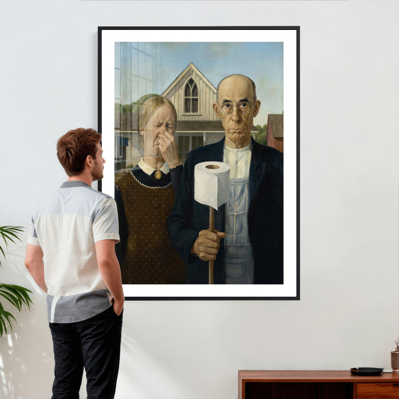 46805085-MGV-CV-24X36 - Funny Bathroom Canvas Wall Art, Grant Wood American Gothic Toilet Paper Parody Print, Humor Bathroom Decor, Classic Art Spoof, Quirky Housewarming Gift