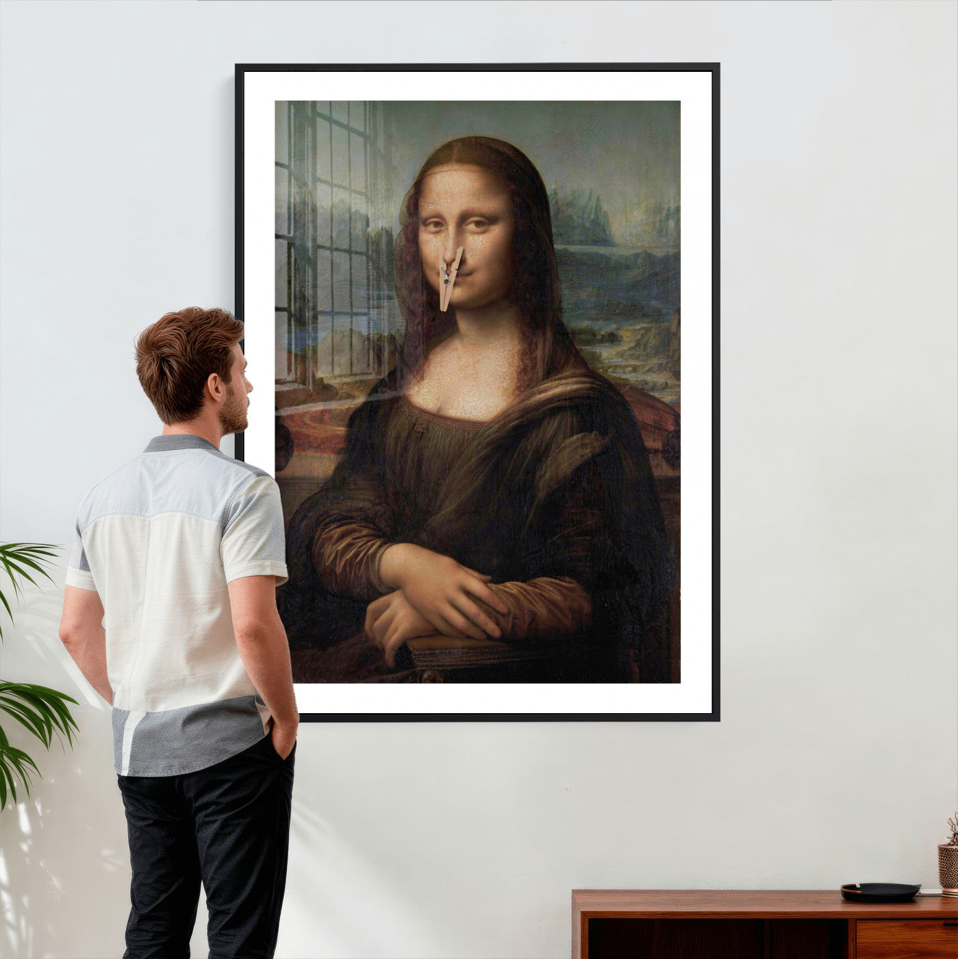 59125950-MGV-CV-24X36 - Funny Bathroom Canvas Wall Art Print, Mona Lisa Clothespin Nose Humor Decor, Classic Art Parody, Toilet Room Wall Art, Quirky Housewarming Gift, Eclectic Home Decor