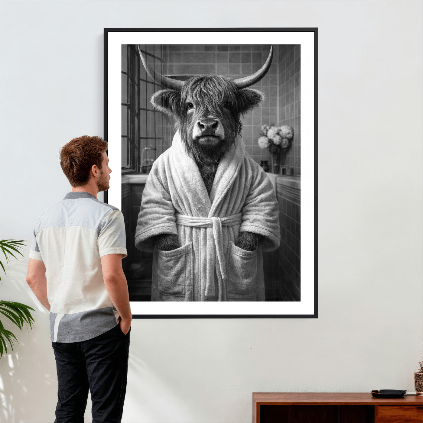 98453723-MGV-CV-24X36 - Funny Bathroom Wall Art Canvas Print, Highland Cow in Bathrobe, Black and White Humor Decor, Animal Bathroom Print, Farmhouse Bathroom Art