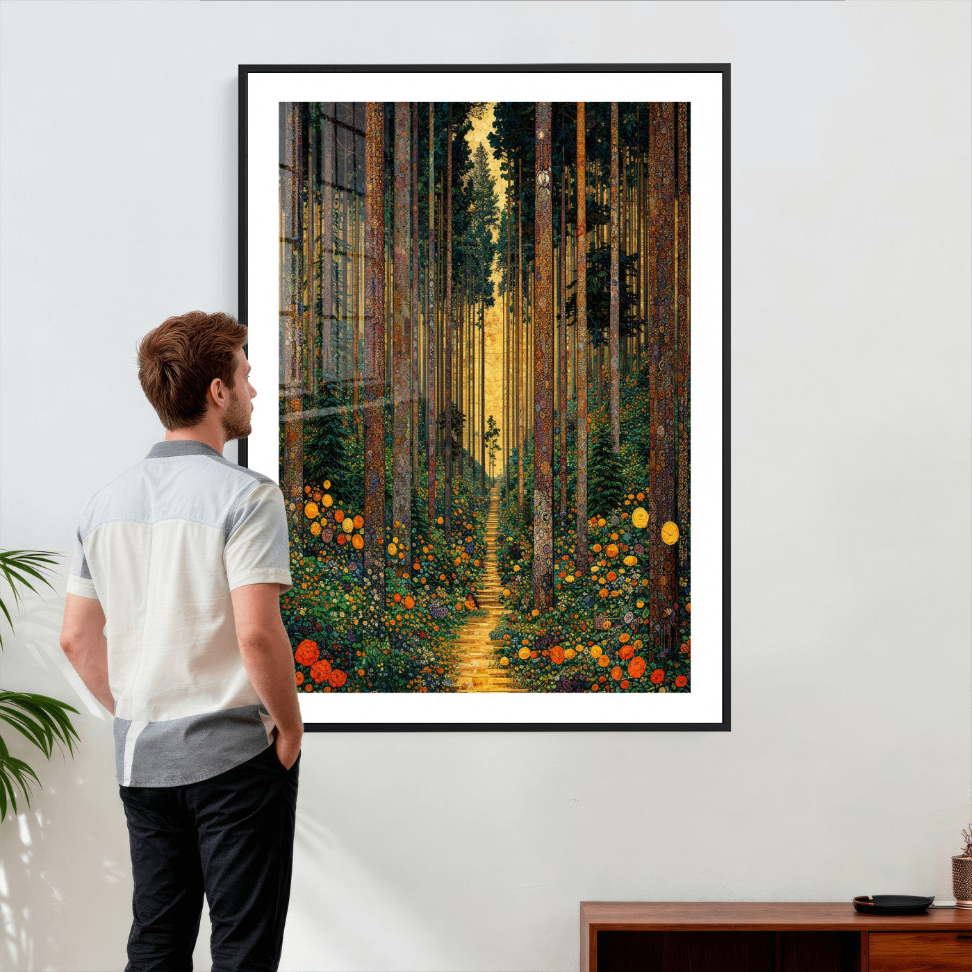 14391546-MGV-CV-24X36 - Gustav Klimt Style Forest Canvas Wall Art, Golden Forest Path Floral Art Nouveau Print, Enchanted Woodland Decor, Maximalist Colorful Nature Art