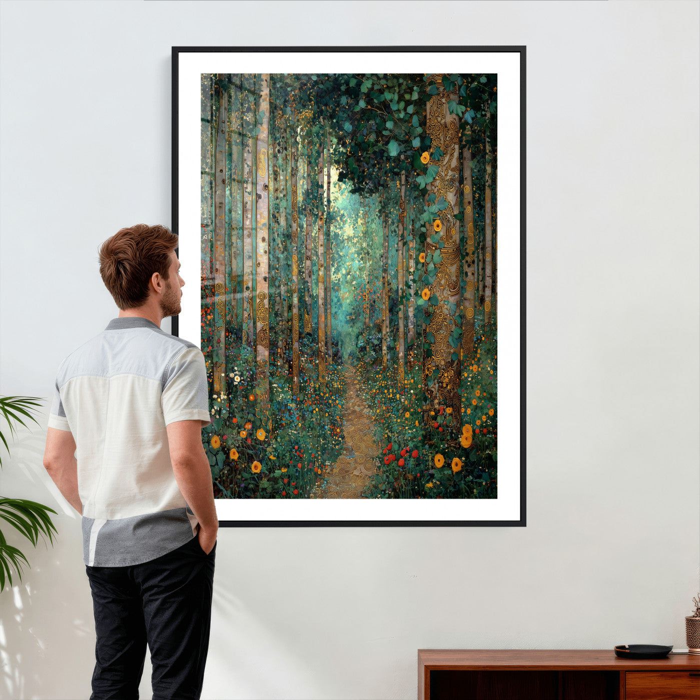 76587981-MGV-CV-24X36 - Gustav Klimt Style Forest Canvas Wall Art, Golden Forest Path Floral Art Nouveau Print, Enchanted Woodland Decor, Maximalist Colorful Nature Art