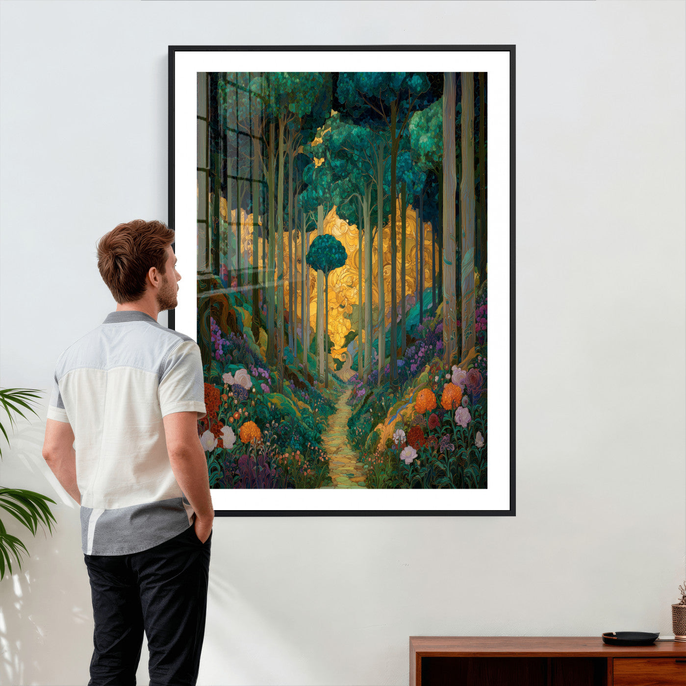 70159913-MGV-CV-24X36 - Gustav Klimt Style Forest Canvas Wall Art, Golden Forest Path Floral Art Nouveau Print, Enchanted Woodland Decor, Maximalist Colorful Nature Art