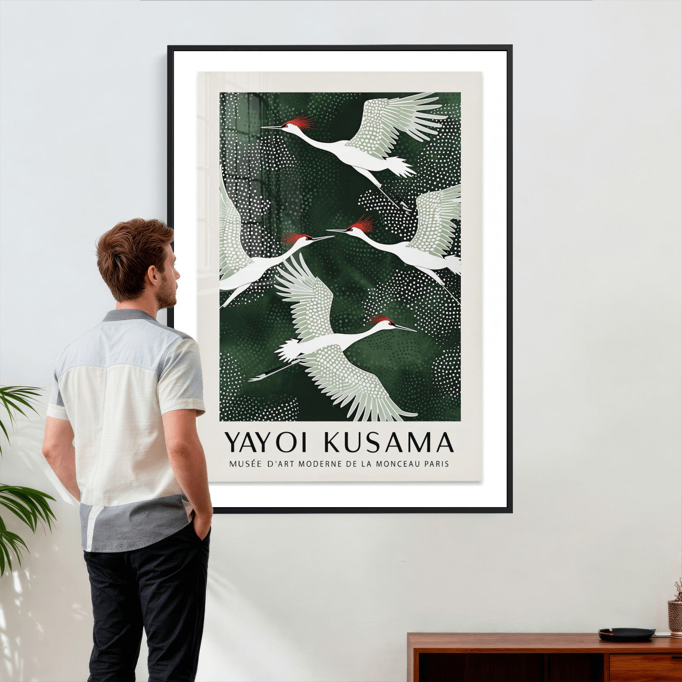 63036906-MGV-CV-24X36 - Yayoi Kusama Crane Bird Wall Art Canvas Print, Japanese Inspired Flying Heron Framed Artwork, Green Botanical Nature Decor for Living Room Bedroom Office