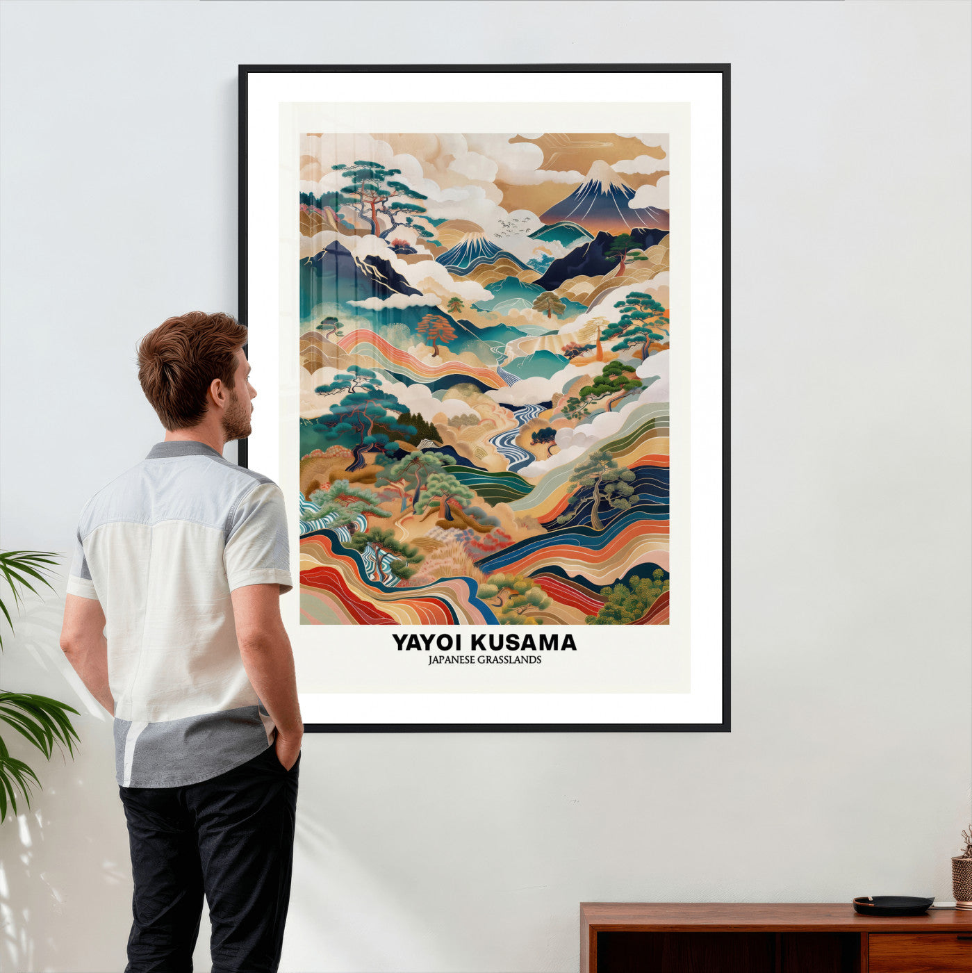 71553303-MGV-CV-24X36 - Yayoi Kusama Japanese Landscape Wall Art Canvas Print, Colorful Mountain and River Framed Artwork, Nature Inspired Asian Scenic Decor for Living Room Bedroom Office