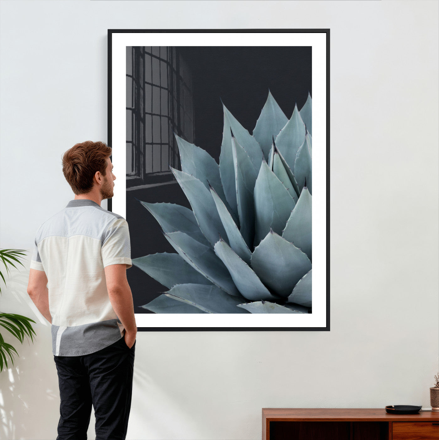 59803798-MGV-CV-24X36 - Agave Wall Art Canvas Print, Blue Green Succulent Botanical Framed Artwork, Minimalist Desert Plant Decor for Living Room Bedroom Office Bathroom