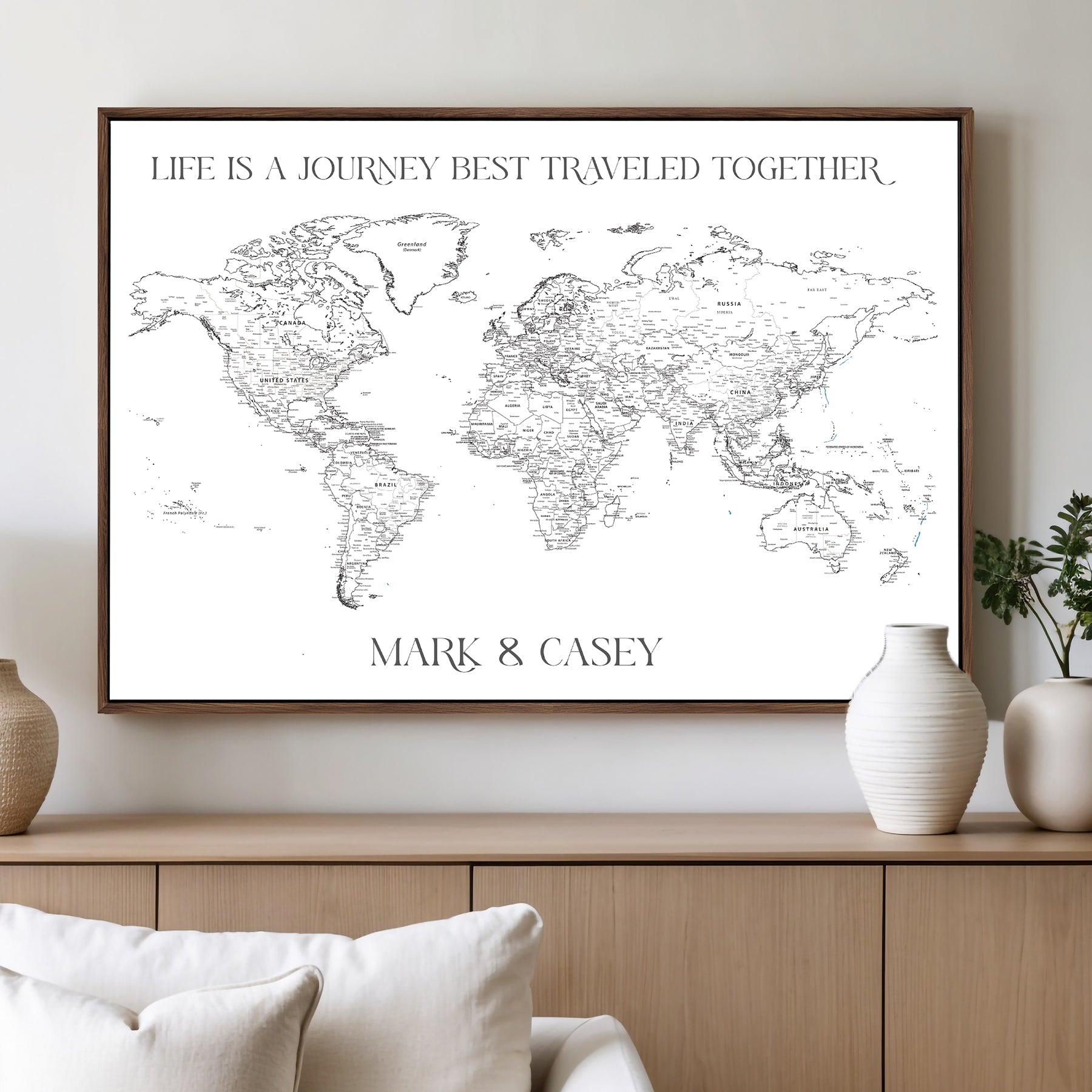 CSTM5001-MGV-CV-36X24-Personalized Push Pin World Map Wall Art, Custom Map Canvas Print, Adventure Black White Travel Decor for Couples for Anniversaries