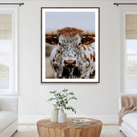 Texas Longhorn Wall Art Canvas Print, Framed Spotted Cow Art Picture Print, Horned Cattle Perfect Rustic Western Decor, Texas Longhorn Print