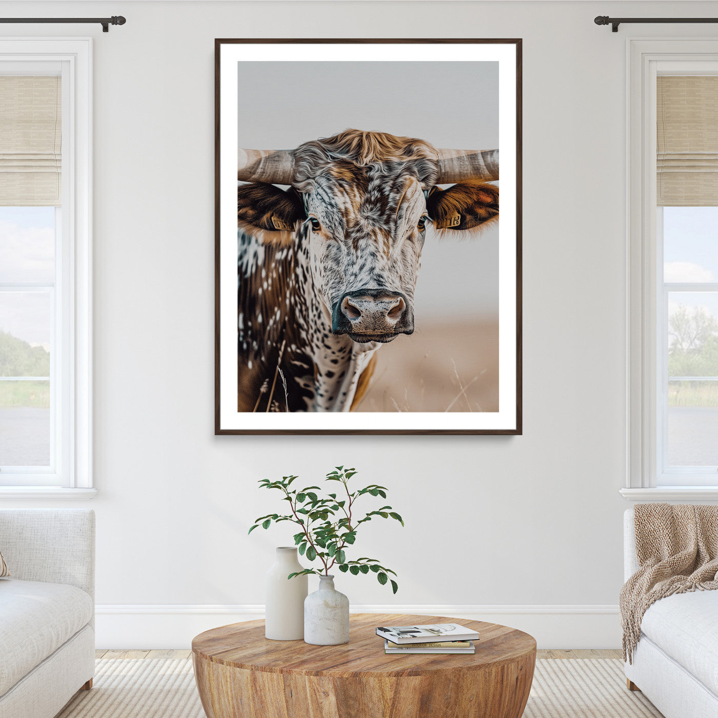 Texas Longhorn Wall Art Canvas Print, Framed Speckled Cow Art Picture Print, Horned Bull Perfect Rustic Western Decor, Texas Longhorn Canvas