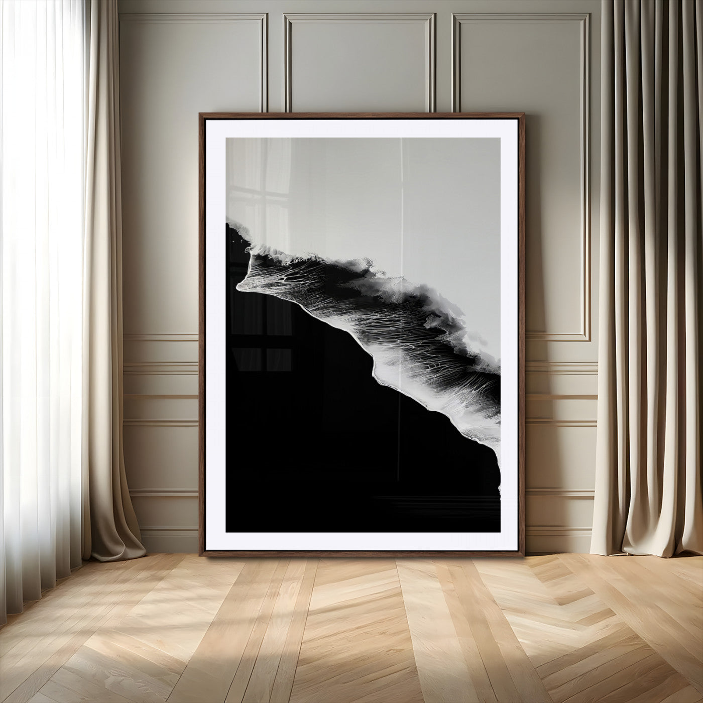 MGC-FP-24x36 - Ocean Wave Wall Art Canvas Print, Framed Abstract Wave Art Picture Print, Monochrome Sea Perfect Modern Minimal Decor Artwork