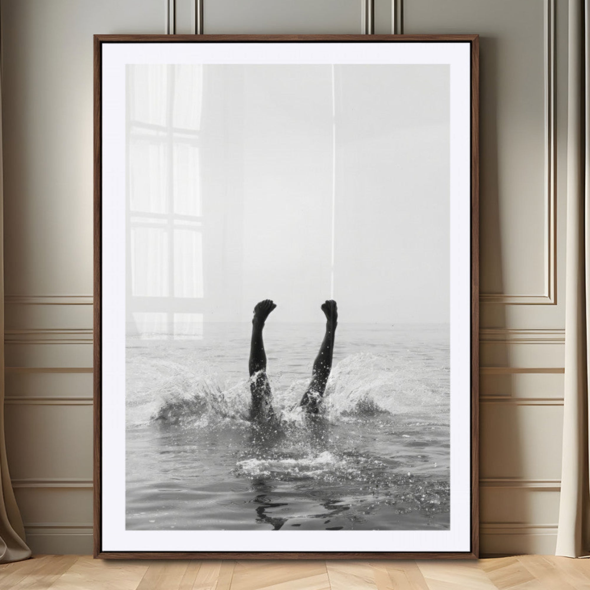 43900465-MGV-CV-24X36-Minimal Ocean Wall Art Canvas Print – Framed Monochrome Diving Swimmer Sea Modern Coastal Minimal Artwork for Home Office