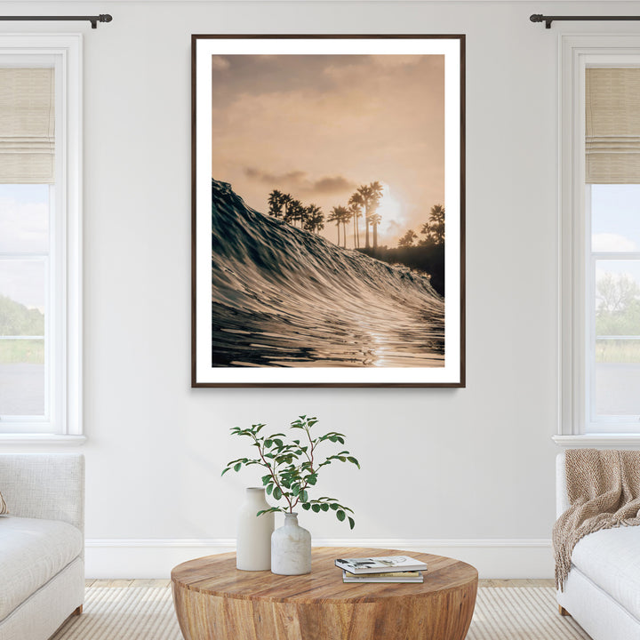 Golden Hour Ocean Wall Art Canvas Print, Tropical Beach Sunset Print, Framed Palm Tree Silhouettes Art Print, Large Warm Coastal