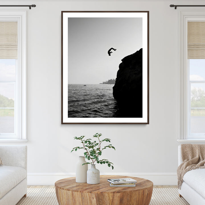 Cliff Jumping Wall Art Canvas Print, Black White Ocean Print, Framed Monochrome Cliff Dive Art Print, Large Coast Dive Printing,