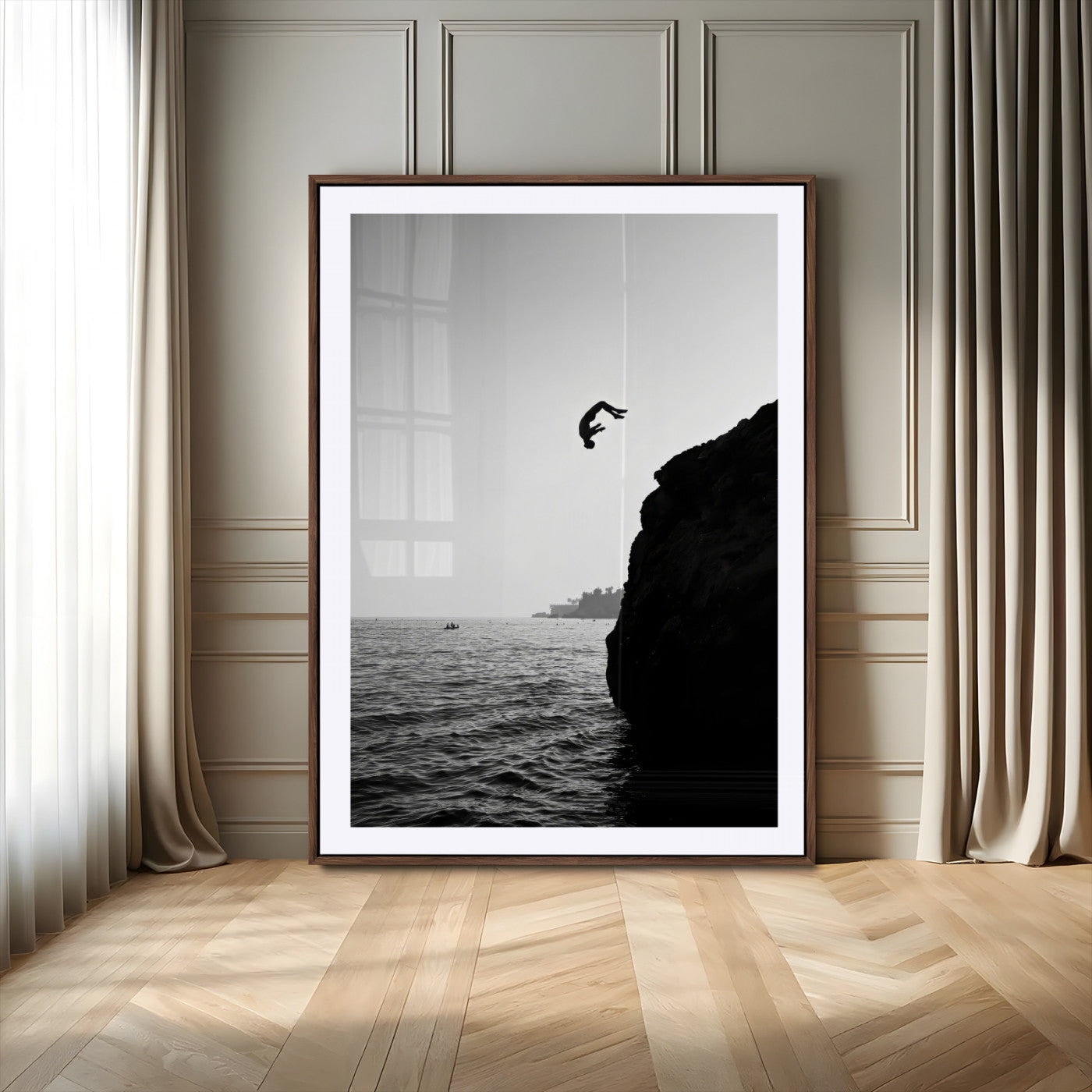 MGC-FP-24x36 - Cliff Jumping Silhouette Wall Art Canvas Print, Framed Black White Ocean Art Picture Print, Monochrome Cliff Dive Perfect Minimalist Adventure Decor Artwork