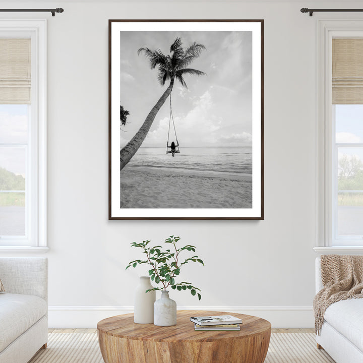 Black White Palm Tree Wall Art Canvas Print, Minimalist Beach Swing Print, Framed Monochrome Coastal Art Print, Large Tropical Ocean