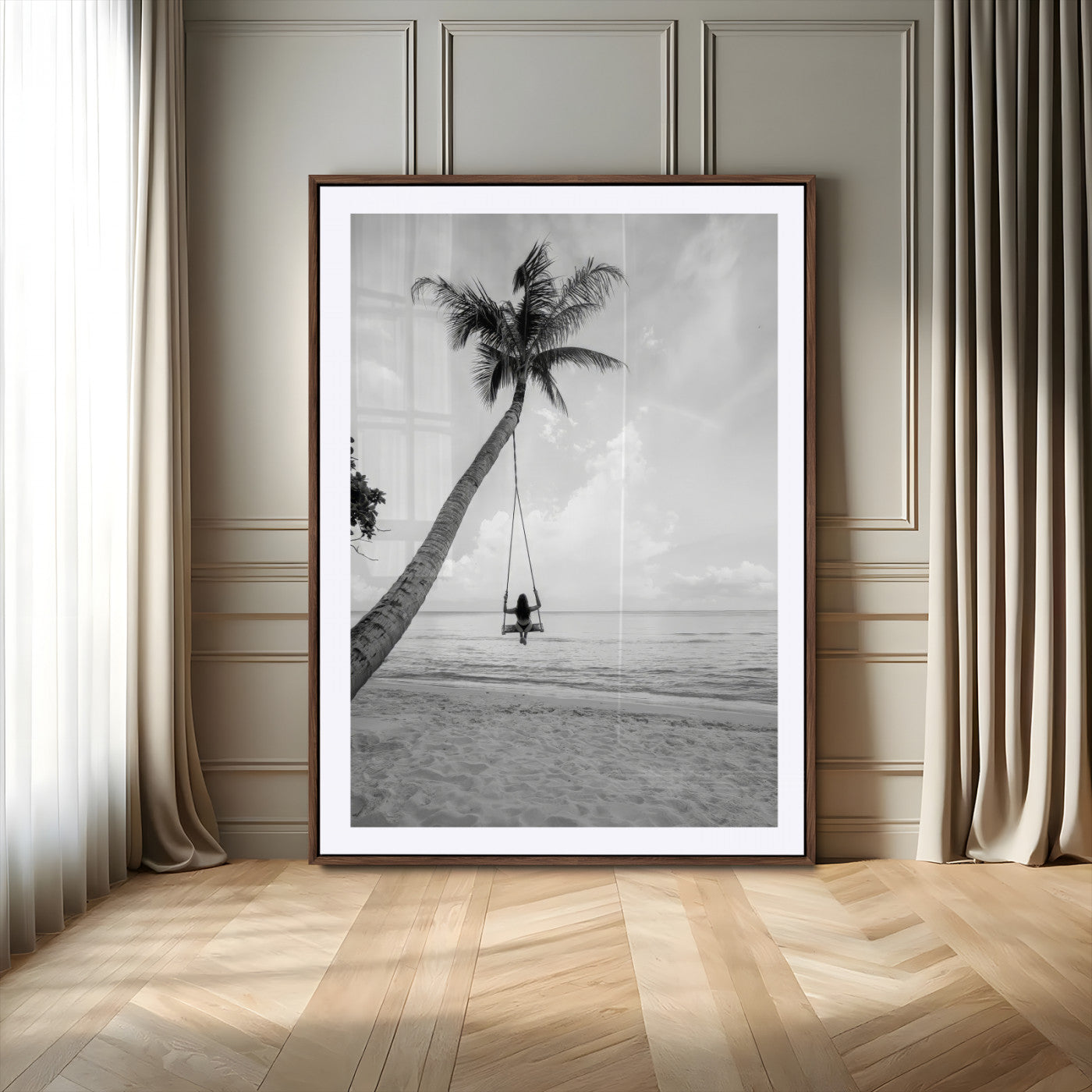 MGC-FP-24x36 - Black White Palm Tree Wall Art Canvas Print, Framed Minimalist Beach Swing Art Picture Print, Monochrome Coastal Perfect Minimalist Coastal Decor Artwork