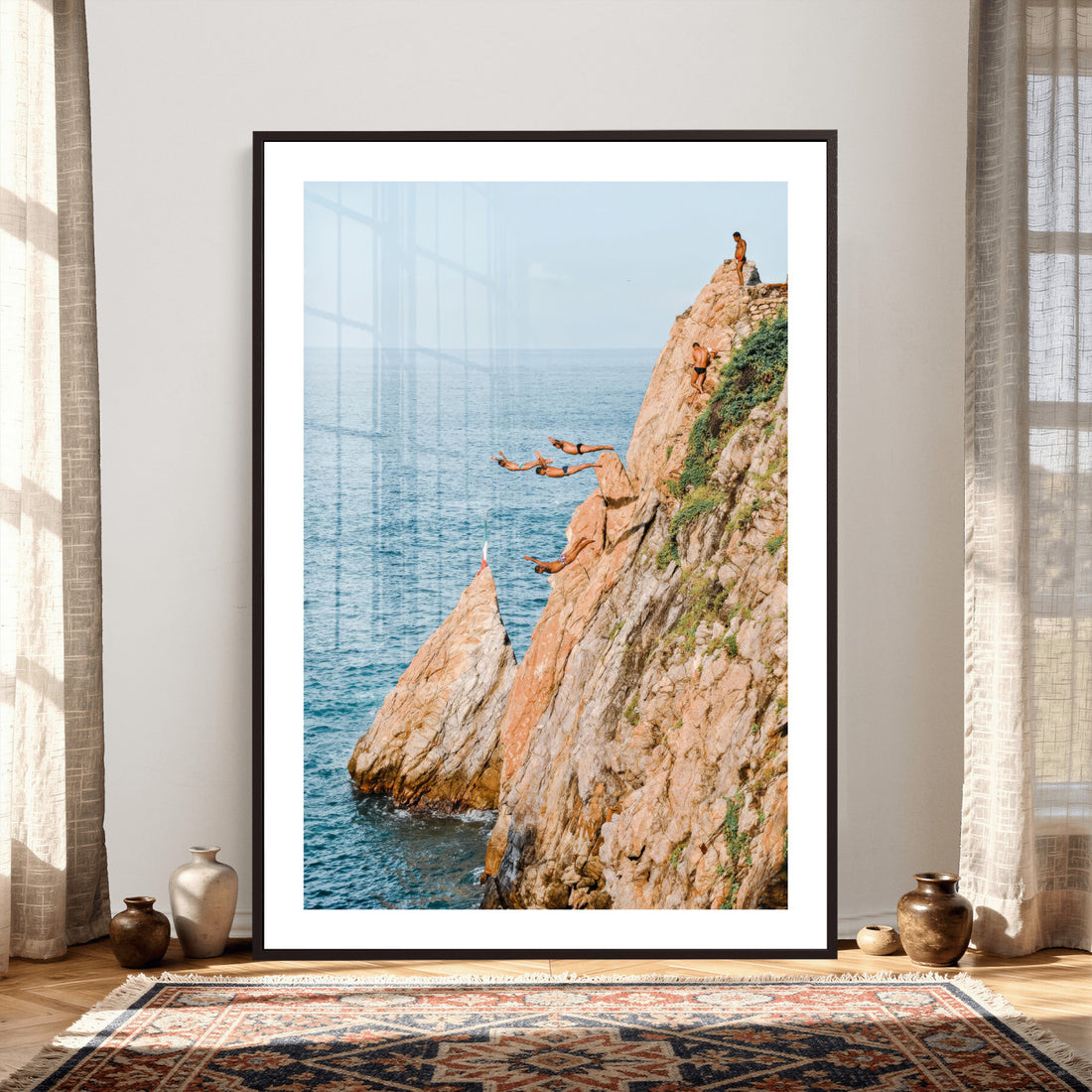 Cliff Dive Wall Art | Ocean Jump Canvas Print, Blue Sky