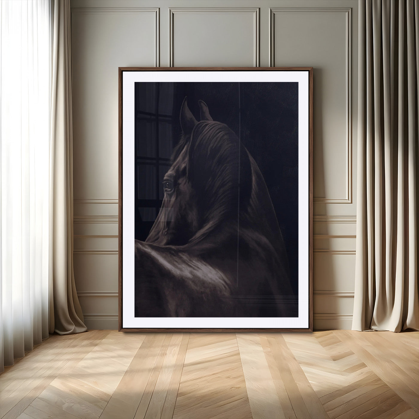 77538596-MGV-CV-24X36 - Dark Horse Wall Art – Majestic Silhouette Canvas Print, Sleek Mane, Graceful Strength, Elegant Equine Form, Timeless Beauty Decor for Home or Office