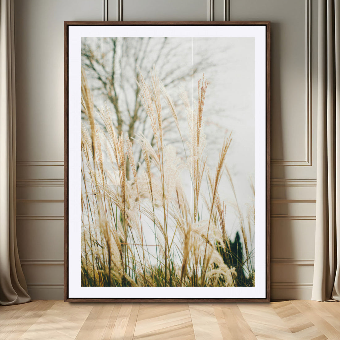 Pampas Grass Wall Art Canvas Print, Framed Neutral Tones Art, Minimalist Nature Boho Decor