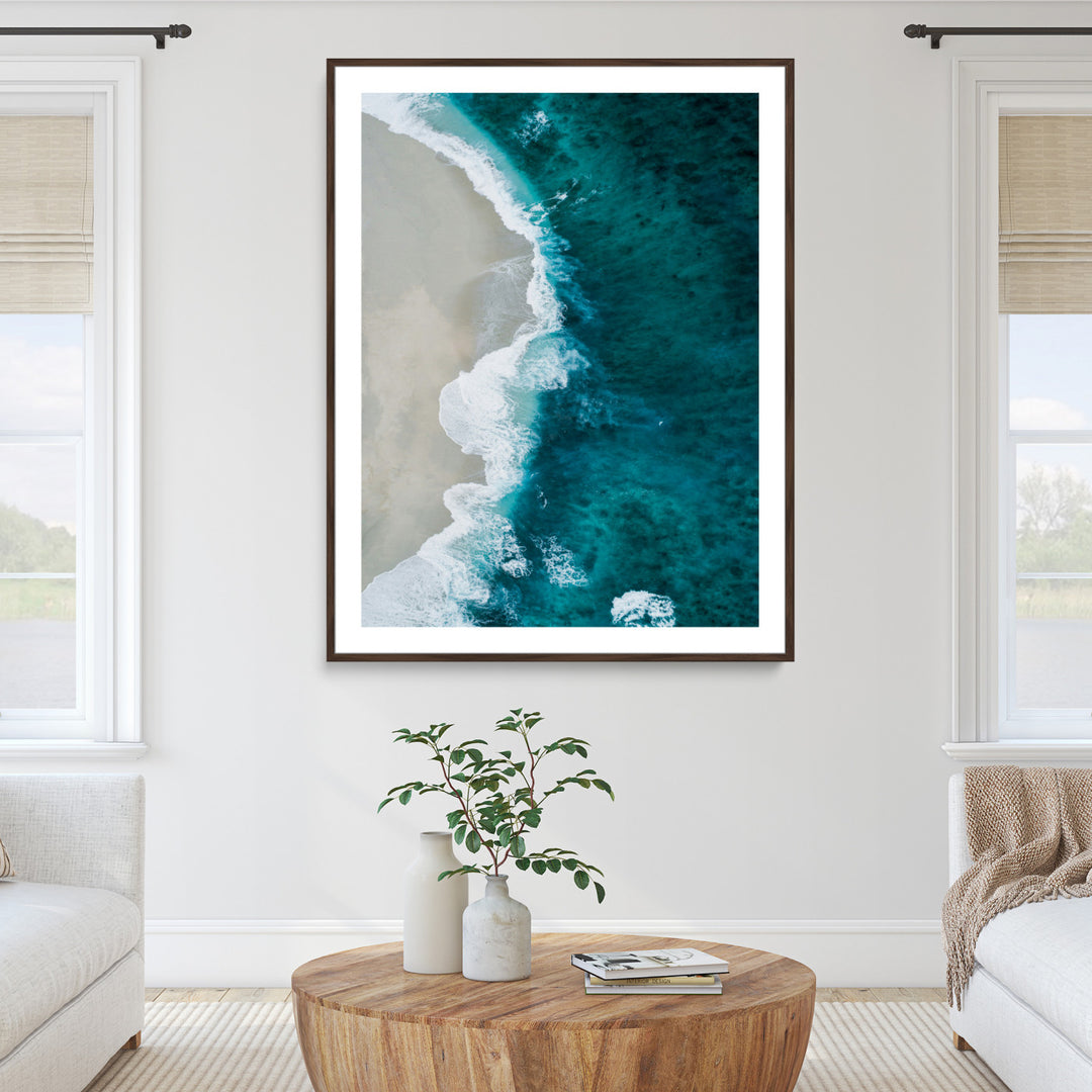 Aerial Ocean View Wall Art Canvas Print, Framed Coastal Serenity Art Picture Print, Turquoise Waves Perfect Modern Coastal Decor Artwork