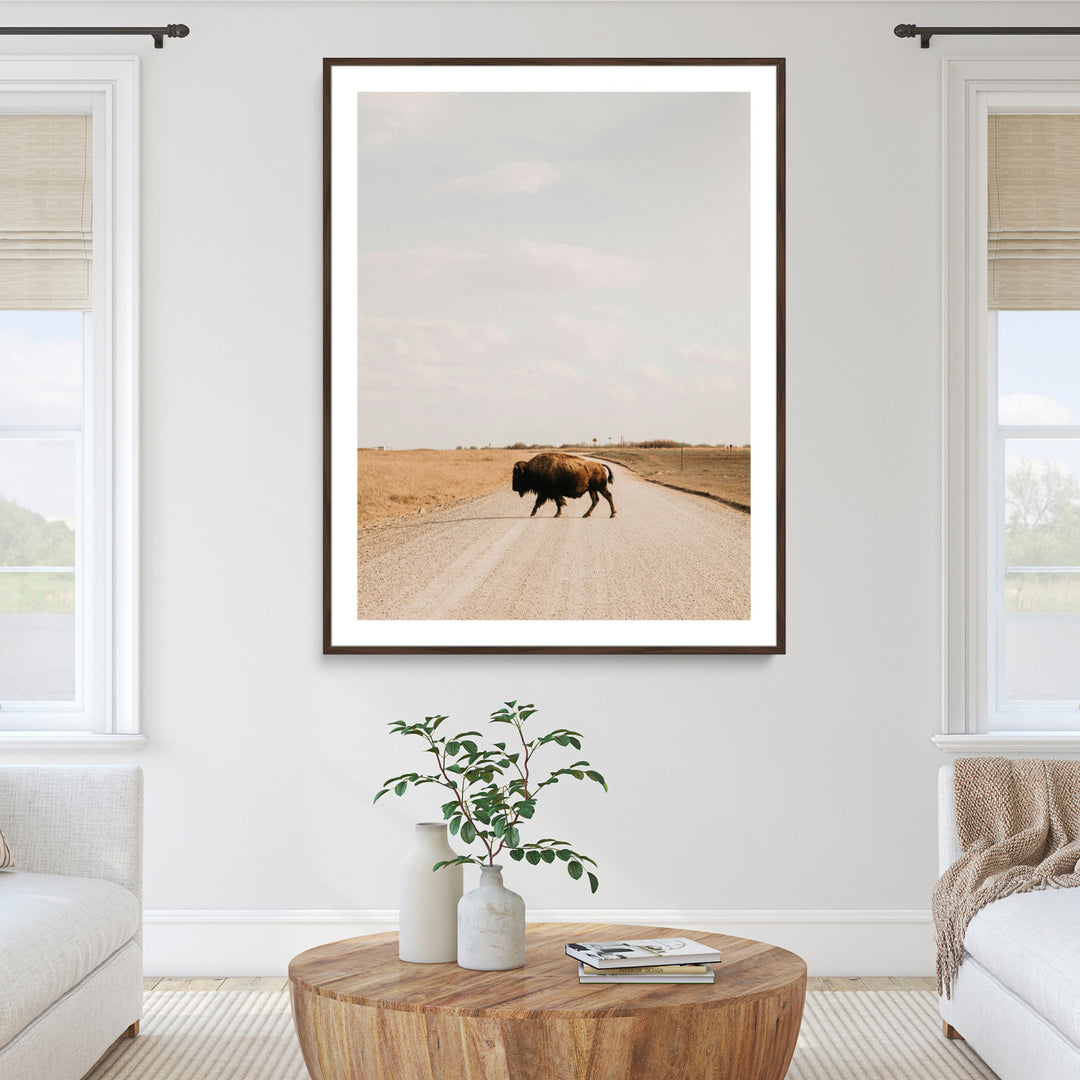 Bison Crossing Wall Art Canvas Print, Framed Western Landscape Art Picture Print, Prairie Road Perfect Modern Ranch Decor Decor Artwork