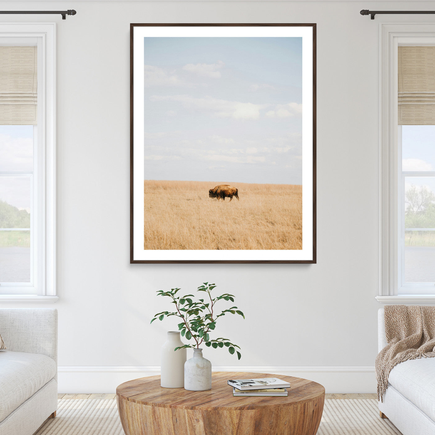 Minimalist Nature Wall Art Canvas Print, Framed Bison In Grassland Art Print, Open Field Perfect Modern Ranch Decor Decor Artwork
