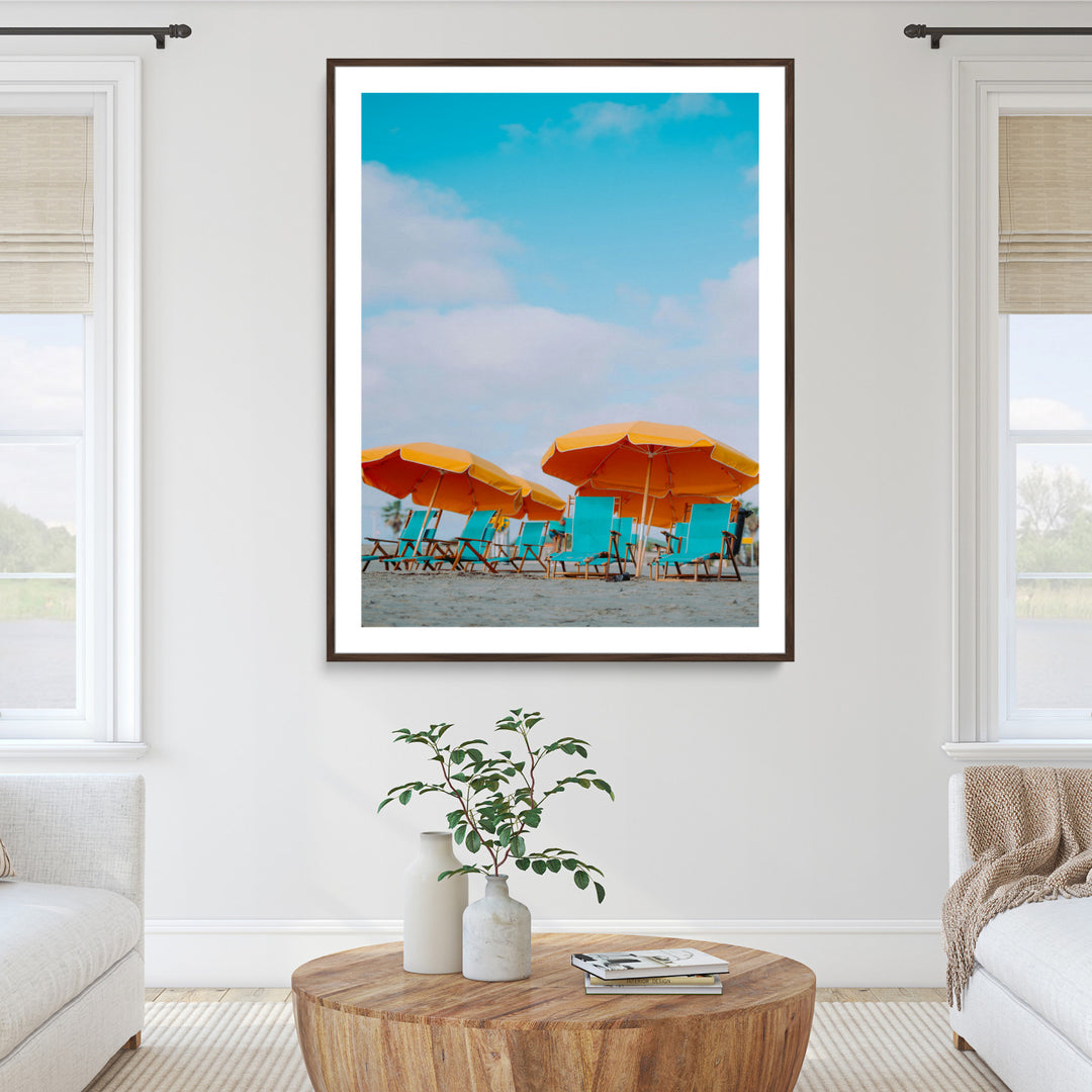 Beach Umbrellas Wall Art Canvas Print, Framed Coastal Vibes Art Picture Print, Tropical Paradise Perfect Coastal Boho Decor Artwork