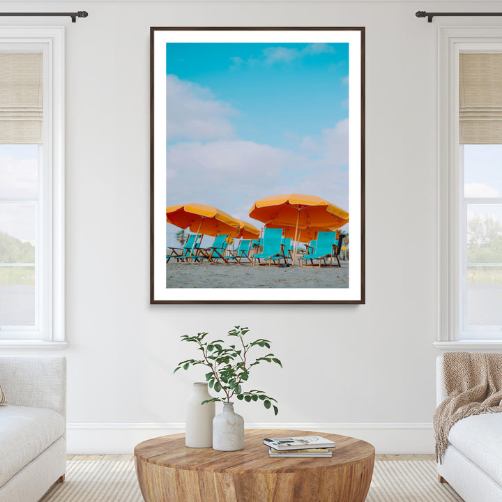 Beach Umbrellas Wall Art Canvas Print, Framed Coastal Vibes Art Picture Print, Tropical Paradise Perfect Coastal Boho Decor Artwork