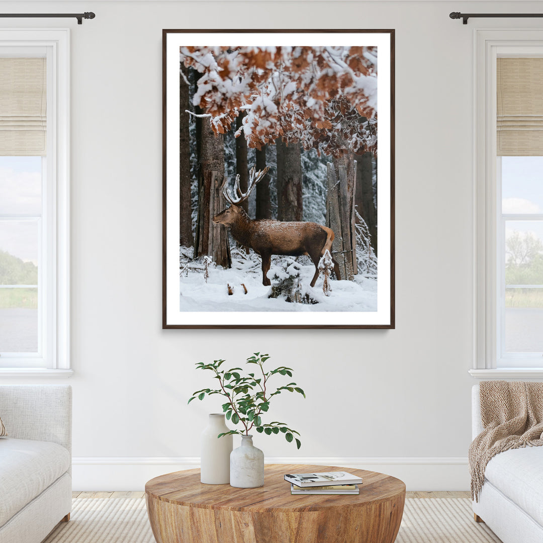 Serene Landscape Wall Art Canvas Print, Framed Winter Wonderland Art Picture Print, Winter Deer Canvas Perfect Rustic Cabin Decor Artwork