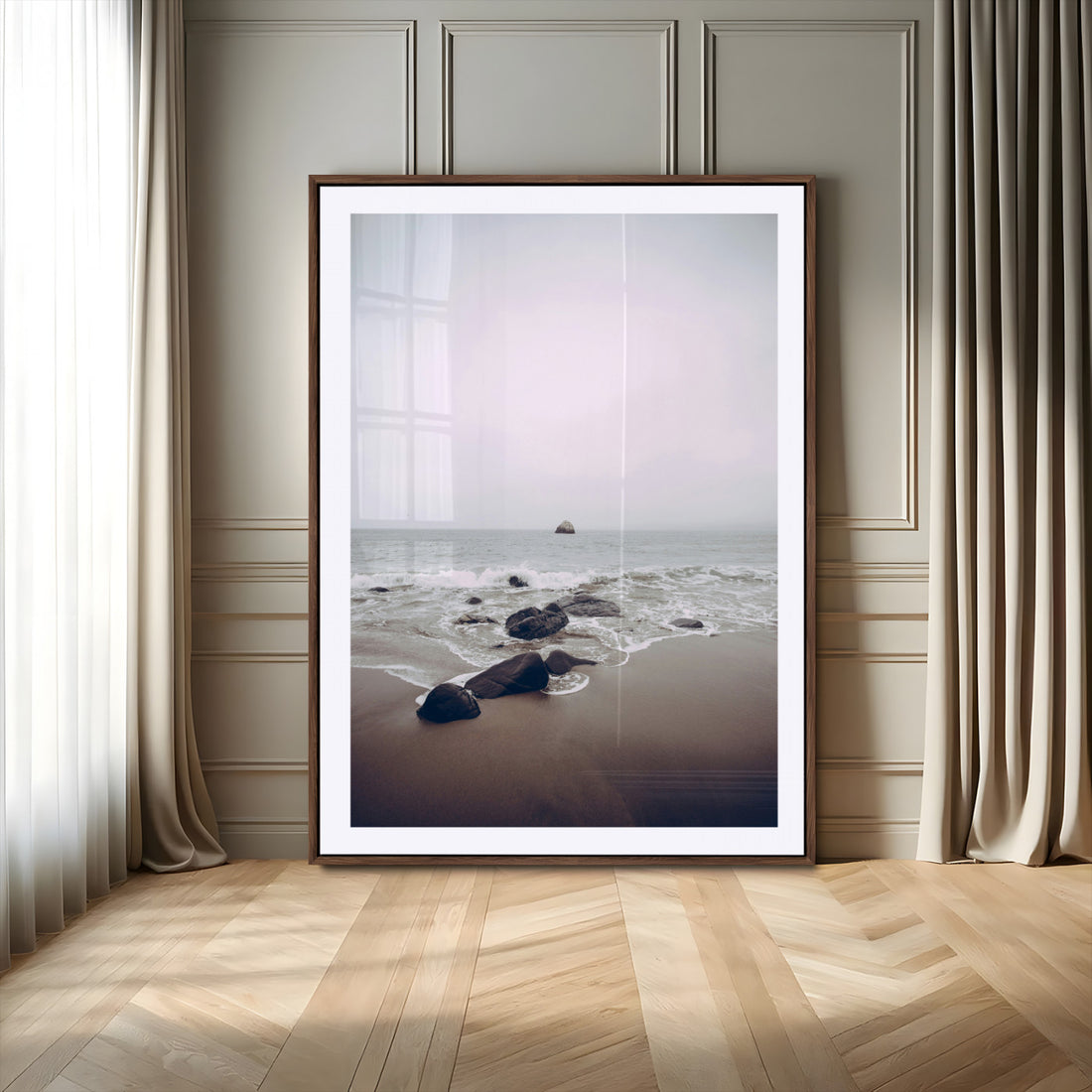 Moody Seascape Wall Art Canvas Print, Framed Neutral Foggy Ocean Beach Art, Minimalist Decor