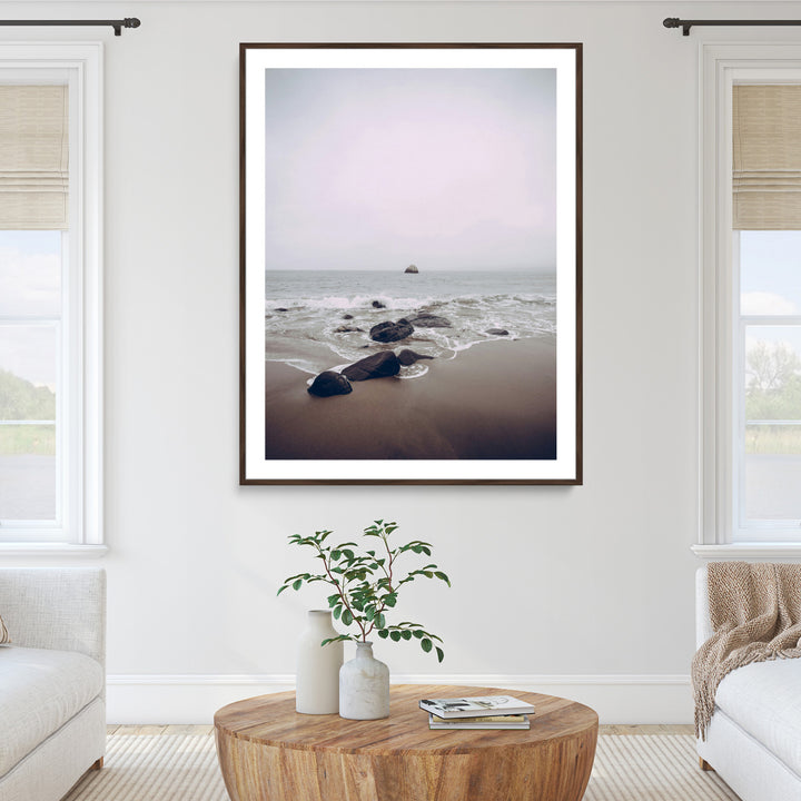 Moody Seascape Wall Art Canvas Print, Framed Neutral Beach Art Picture Print, Foggy Ocean Perfect Minimalist Decor Artwork