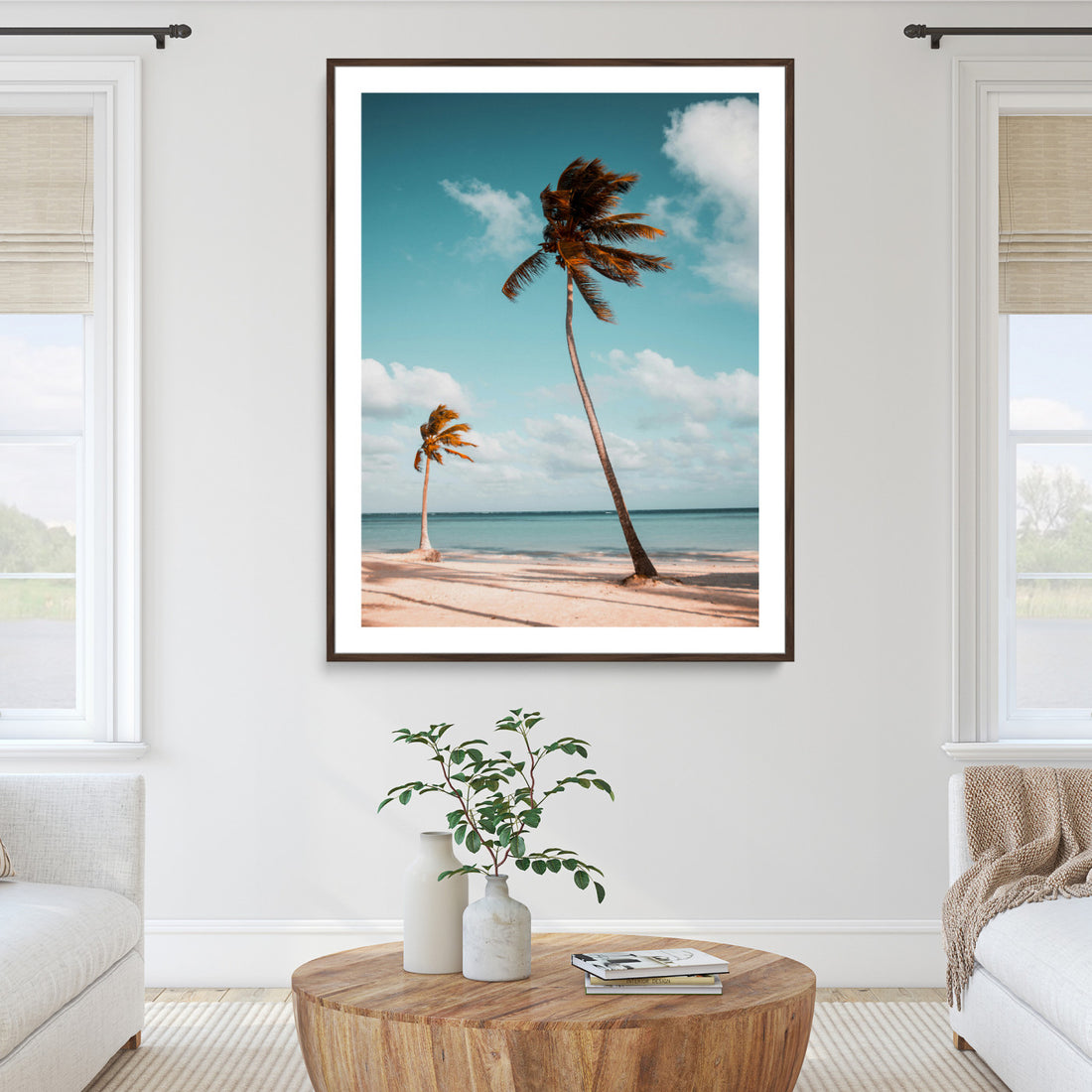 Tropical Beach Wall Art Canvas Print, Framed Coastal Palm Trees Serene Ocean View