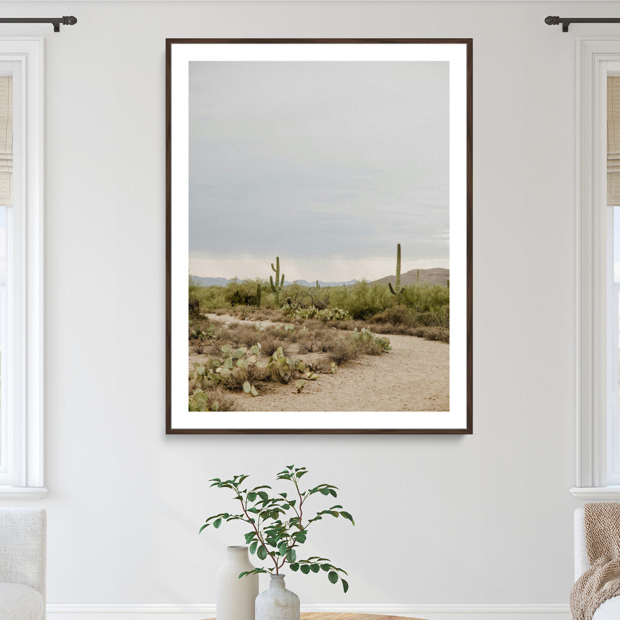 55042528-MGC-FP-24x36_Walnut-Desert Landscape Wall Art Canvas Print – Cacti and Shrubs Pathway Natural Southwestern Scene Framed Artwork for Home Office