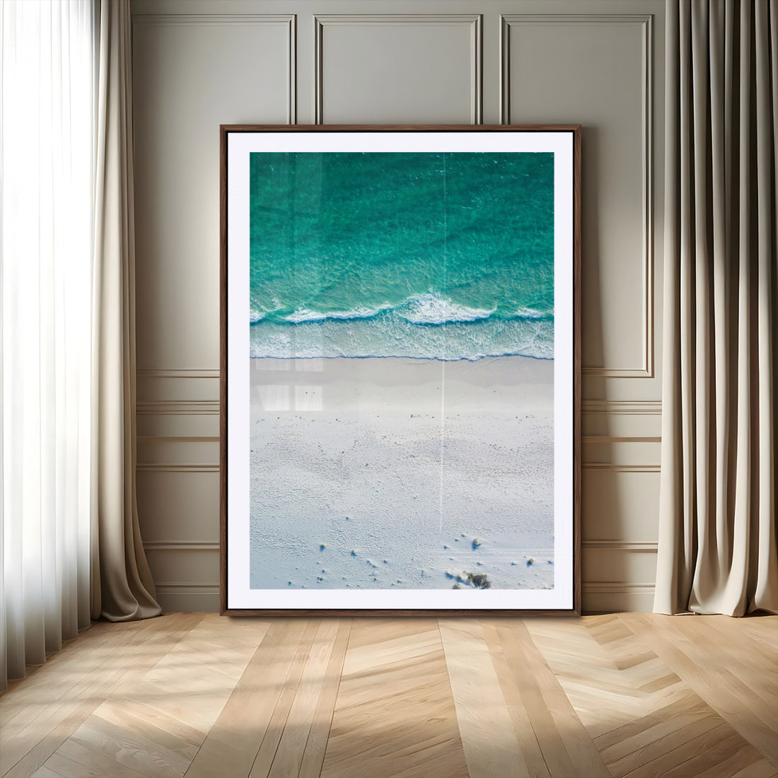 Turquoise Ocean Wall Art Canvas Print, Framed White Sand Shore Art, Gentle Waves Coastal Decor