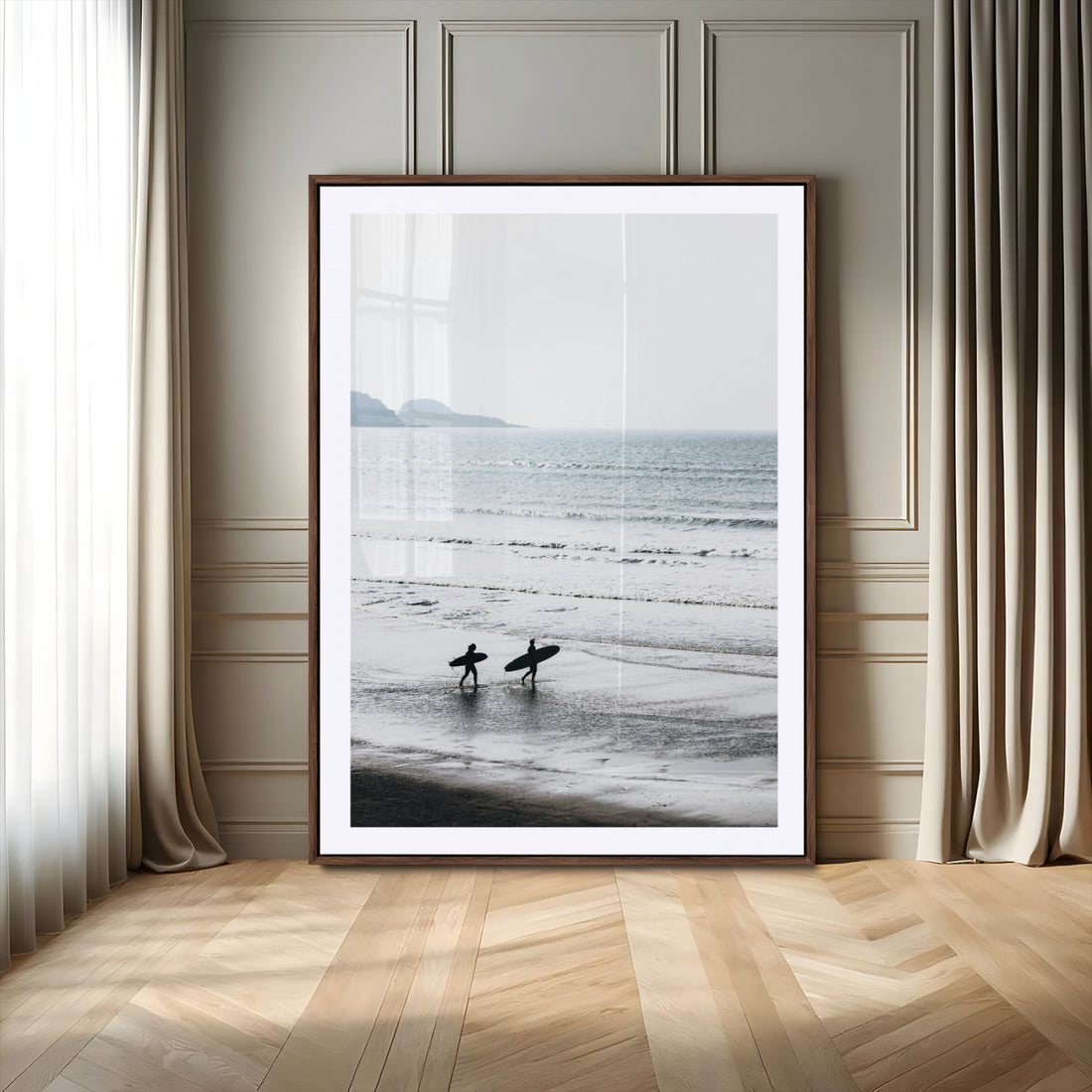 Surfer Silhouettes Wall Art Canvas Print, Framed Minimalist Ocean Art, Soft Horizon Coastal Decor