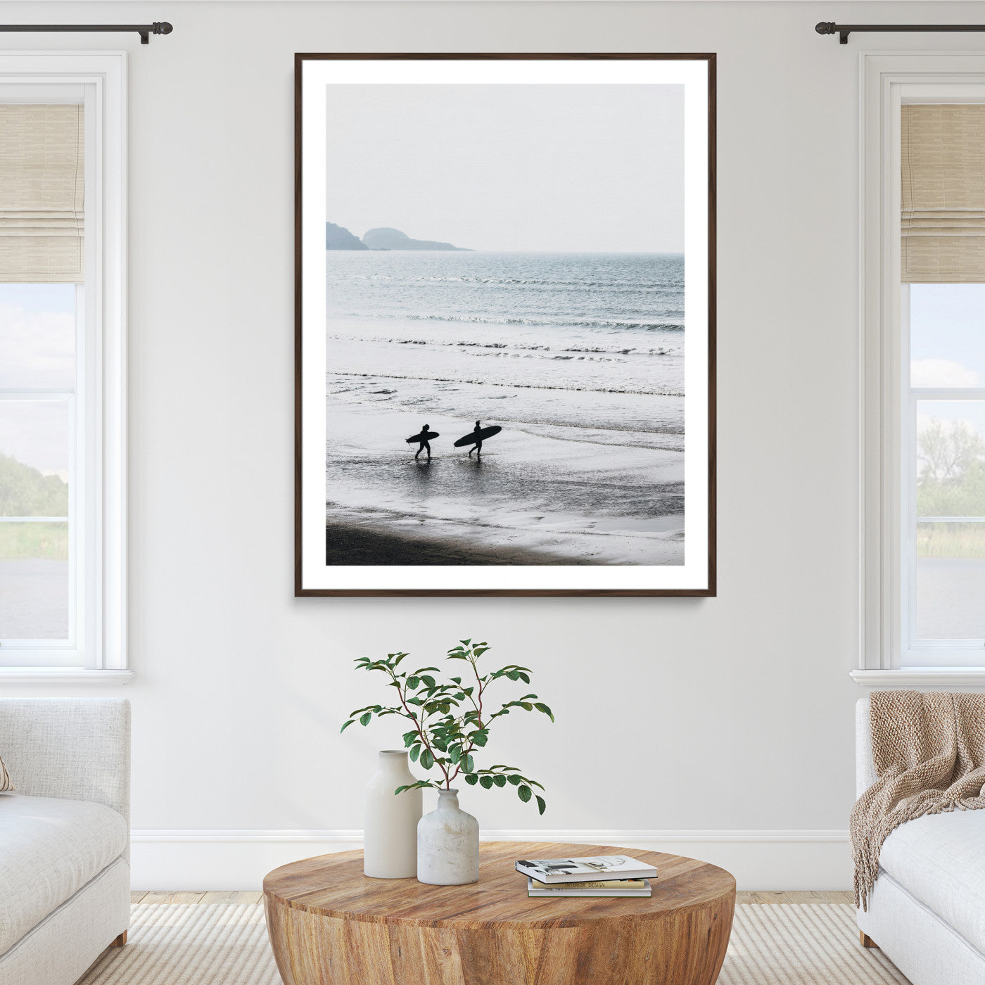 Surfer Silhouettes Wall Art Canvas Print, Framed Minimalist Ocean Art Picture Print