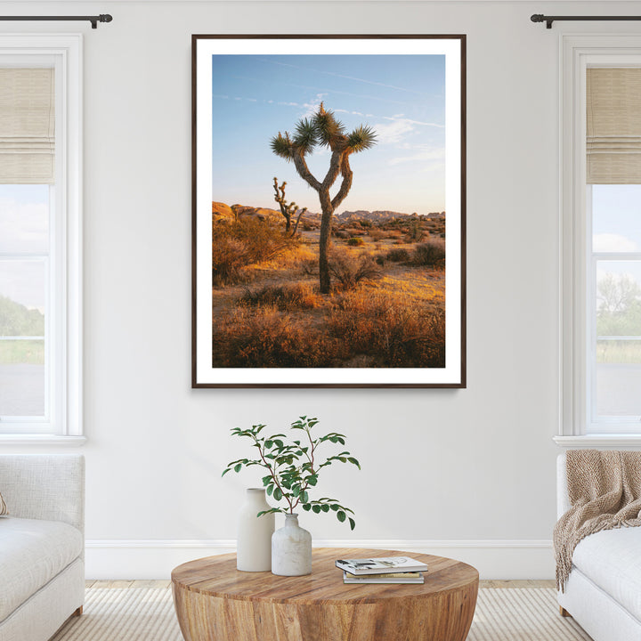 Framed Joshua Tree Print, Golden Hour Desert Print, Framed Sunset Glow Art Print, Large Arid Terrain Printing Southwestern