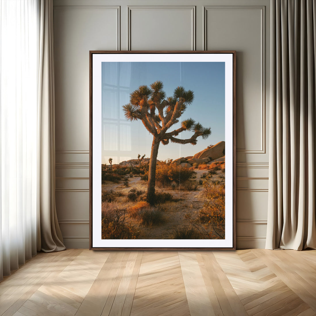 Joshua Tree Wall Art Canvas Print, Framed Desert Sunset Golden Hour Southwestern Art