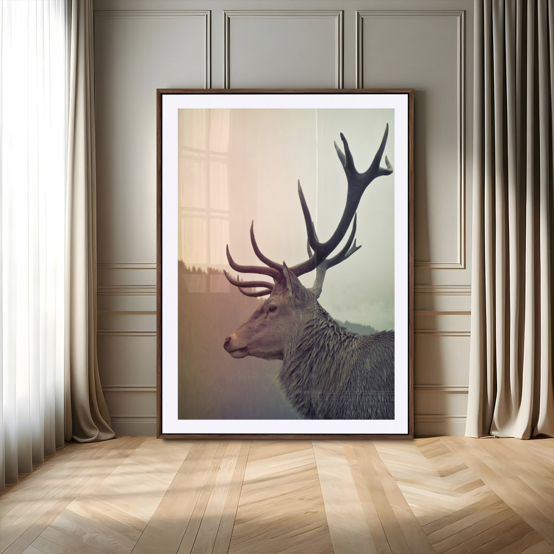 Deer Canvas Wall Art Print, Framed Woodland Animal Rustic Lodge Wildlife Artwork