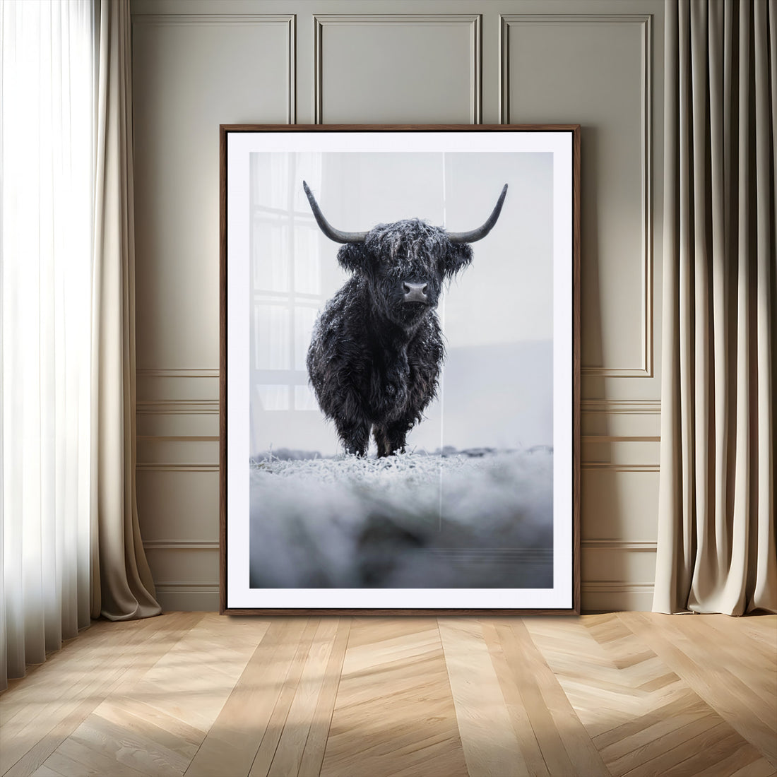 Frosty Black Highland Cow Wall Art Canvas Print, Framed Moody Winter Scottish Cattle