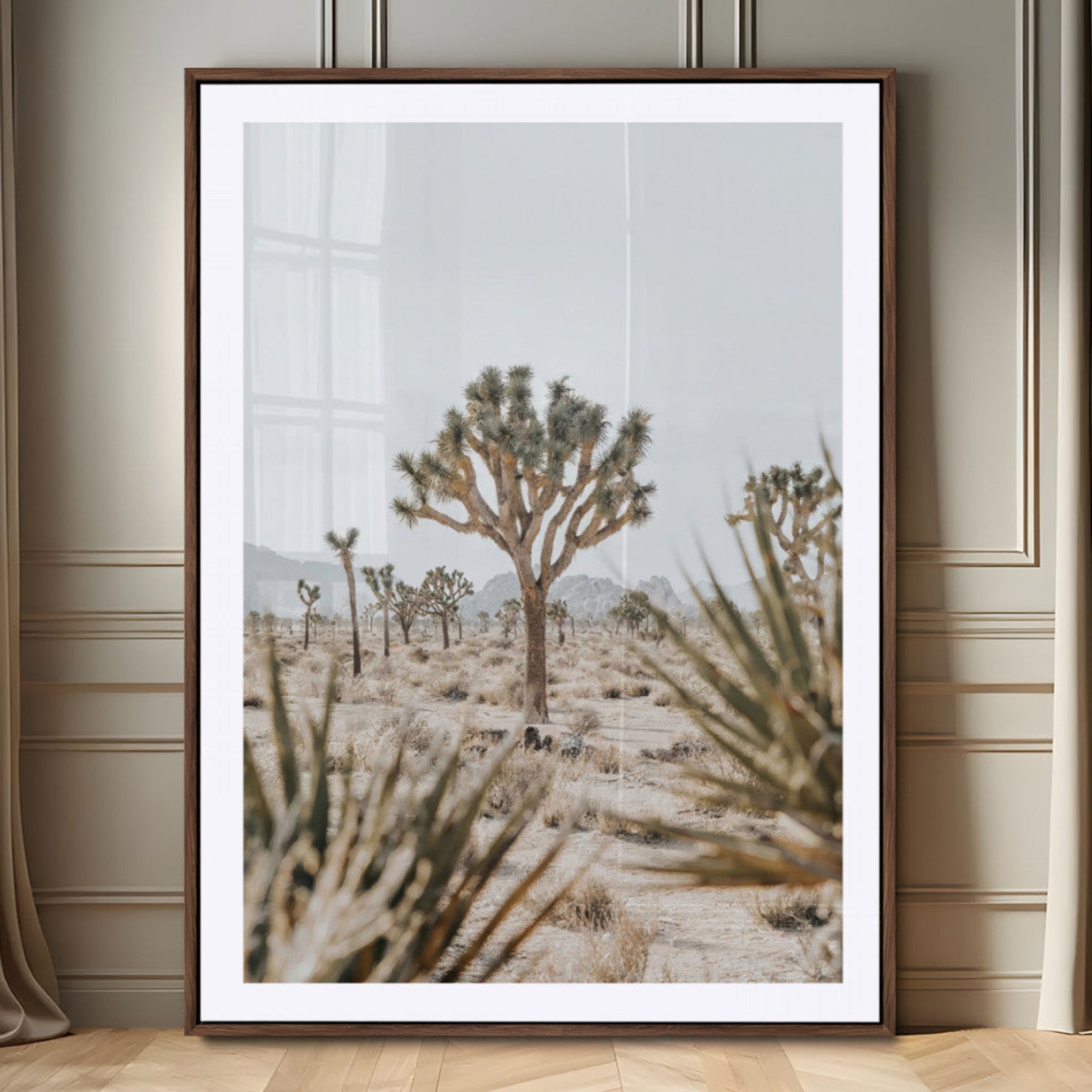 A wide desert landscape featuring multiple Joshua trees with spiky leaves and twisted branches, set against a pale sky and distant rocky hills. The foreground has blurred desert shrubs, emphasizing depth.